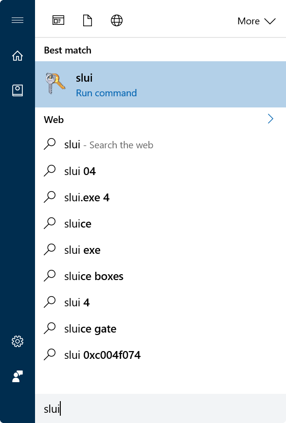 Nhập Slui vào khung Search trên Start Menu hoặc khung Search thanh Taskbar 